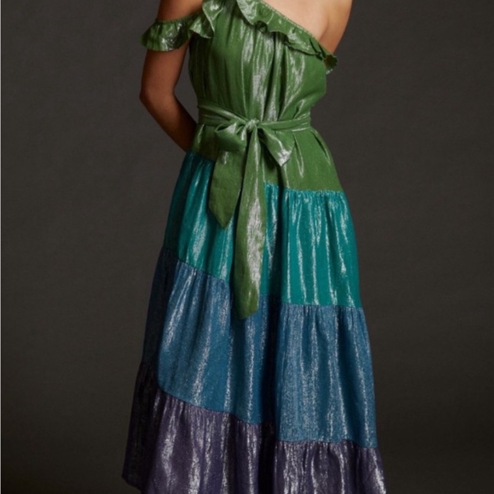 Anthropologie Maeve Ruffled One- Shoulder Shimmer Maxi Dress M.